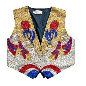 Vtg Sequin Glam Vest XL Women Rodeo Patriotic USA Red White Blue Flag Gold Star